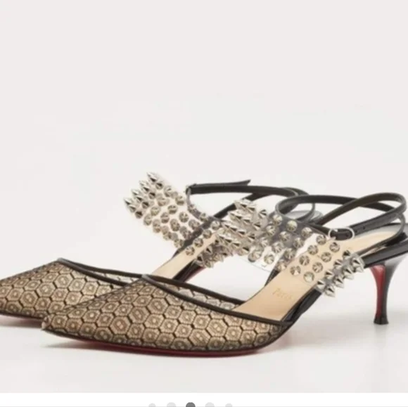 CL🖤Black Lace, Leather and Spiked PVC Levita Rete Pumps - Picture 8 of 8